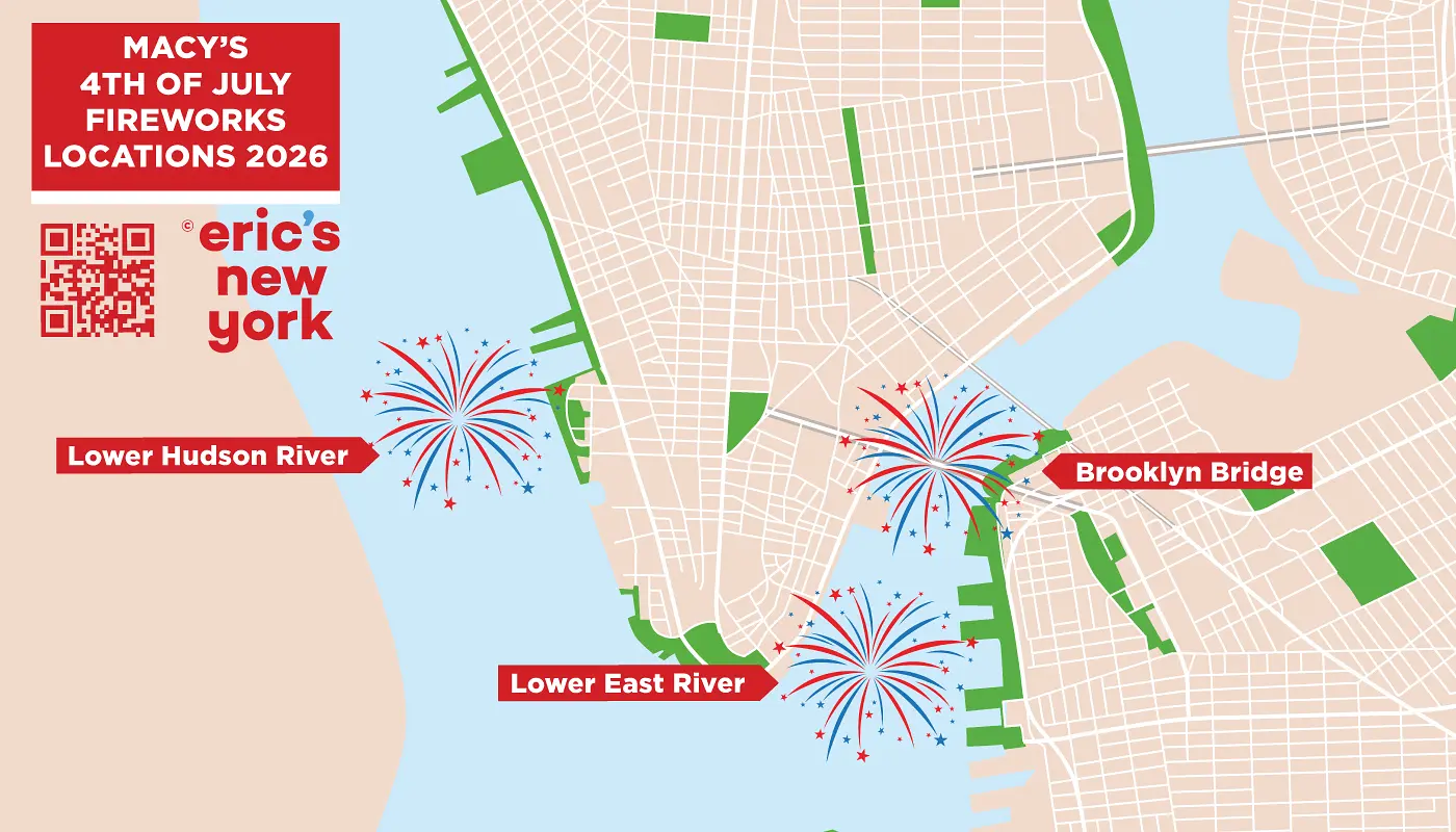 4th of July -itsenäisyyspäivä New Yorkissa - Ilotulituspaikkojen kartta